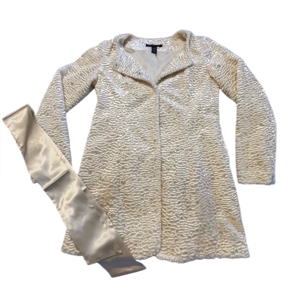 INC International Concepts Champagne Faux Fur Textured Coat w/ Satin Sash - Picture 1 of 13